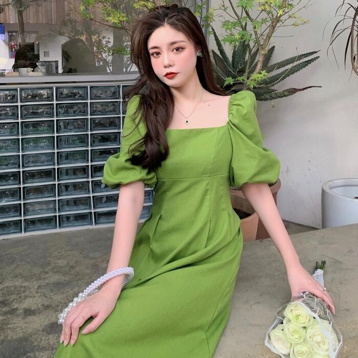 2WAY ワンピース ロングワンピ レディース 袖あり パフスリーブ 半袖 きれいめ カジュアル ミモレ丈 おしゃれ 大人 可愛い 五分袖 シンプル ドレス グ...