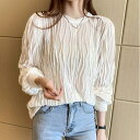 トップス レディース きれいめ カジュアル おしゃれ 薄手 カットソー ブラウス シャツ リンクル 長袖 大人 可愛い フェミニン パフスリーブ 透け感 上品 韓国 コーデ ホワイト 白 春 夏 秋 20代 30代 40代 50代