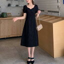 結婚式 ワンピース ロングワンピ 花柄 袖あり パフスリーブ ミモレ丈 エレガント きれいめ レディース ドレス 半袖 フォーマル セレモニー 発表会 パーティー 大人 可愛い クラシカル ブラック 黒 春 秋 夏 20代 30代 40代 50代