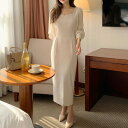 結婚式 ワンピース ロングワンピ パフスリーブ 透け感 ミモレ丈 エレガント きれいめ レディース ドレス 長袖 タイト フォーマル セレモニー 発表会 パーティー 大人 可愛い ウエストリボン ベージュ 春 秋 夏 20代 30代 40代 50代