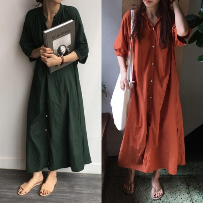 ワンピース ロングワンピ 袖あり シャツワンピ レディース エレガント きれいめ カジュアル ミモレ丈 五分袖 おしゃれ 大人 可愛い ドレス オレンジ グリー...