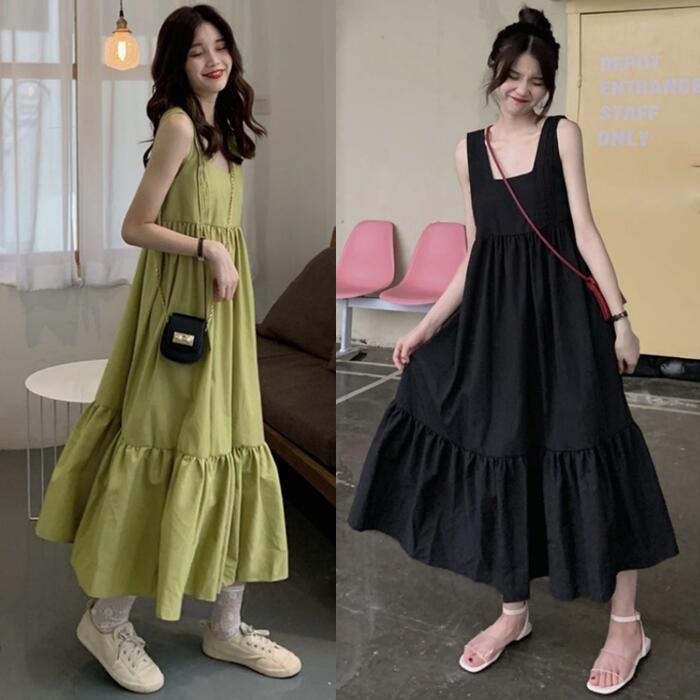 ティアード ワンピース ロングワンピ きれいめ カジュアル ノースリーブ ミモレ丈 スクエアネック おしゃれ レディース 大人 可愛い ゆったり 体型カバー ワ...