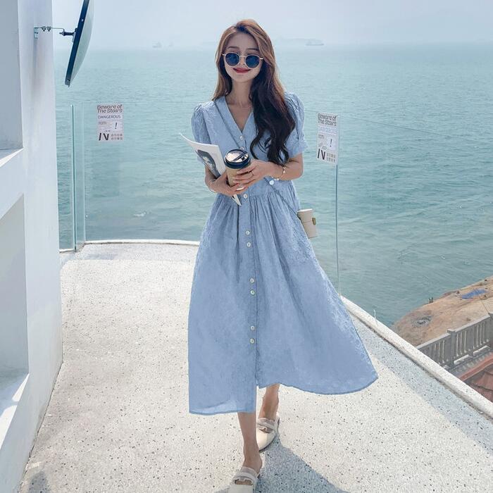 パフスリーブ ワンピース ロングワンピ 袖あり Vネック レディース 半袖 きれいめ カジュアル ミモレ丈 おしゃれ 大人 可愛い ドレス ブルー 青 グリーン...