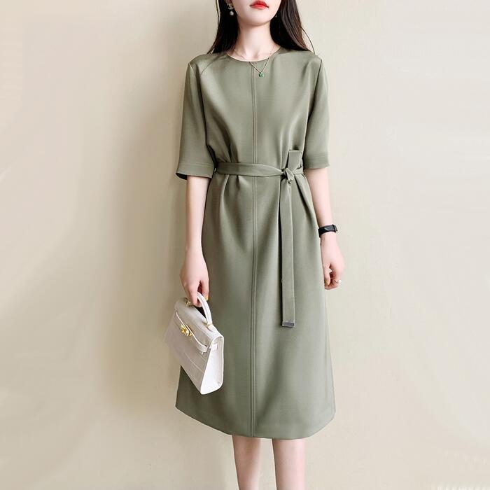 ワンピース ロングワンピ 袖あり レディース 五分袖 きれいめ エレガント カジュアル ひざ丈 おしゃれ 大人 可愛い ドレス 通勤 グリーン 緑 ピンク 春 ...