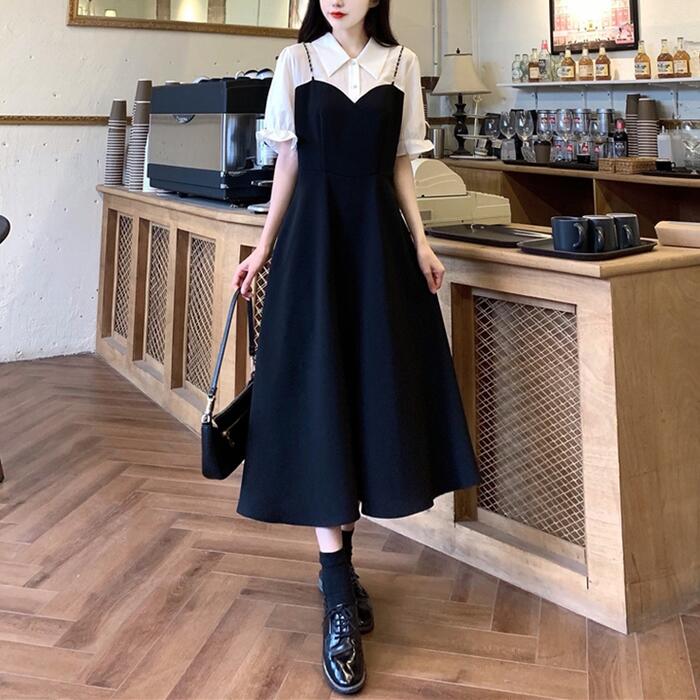 ワンピース ロングワンピ レイヤード風 袖あり レディース 半袖 きれいめ カジュアル ミモレ丈 おしゃれ 大人 可愛い ワンピ ドレス Aライン ハイウエスト...