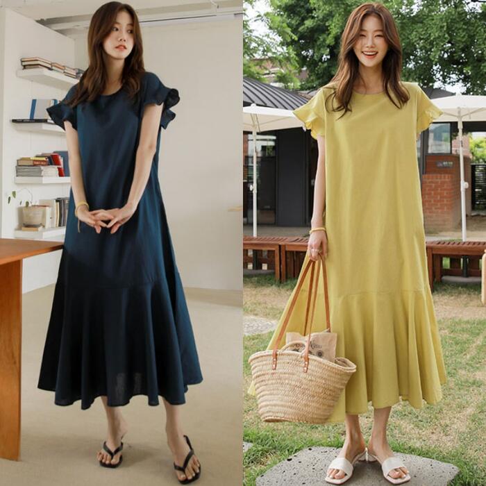 リネン リネン混 ワンピース ロングワンピ フリル 袖あり レディース きれいめ カジュアル ミモレ丈 半袖 綿麻 おしゃれ 大人 可愛い ワンピ ドレス シン...