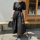 パフスリーブ ワンピース ロングワンピ 袖あり ドロスト レディース きれいめ カジュアル ロング丈 おしゃれ 大人 可愛い ワンピ ドレス ゆったり 半袖 フ...