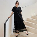 ワンピース ロングワンピ 袖あり シアー 切り替え レディース きれいめ カジュアル ロング丈 半袖 おしゃれ 大人 可愛い ワンピ ドレス ゆったり 体型カバー リラックス シンプル ブラック 黒 春 秋 夏 20代 30代 40代 50代