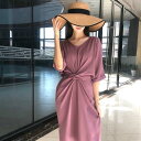 ワンピース ロングワンピ 袖あり ドルマンスリーブ レディース きれいめ カジュアル ミモレ丈 五分袖 おしゃれ 大人 可愛い ワンピ ドレス フェミニン ウエストリボン 体型カバー パープル 春 秋 夏 20代 30代 40代 50代