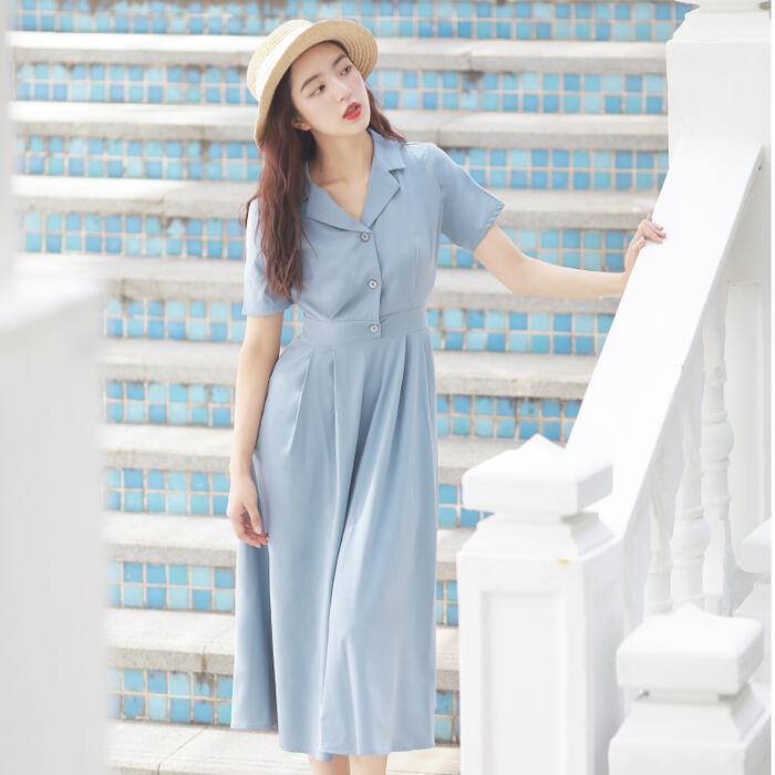 ワンピース 袖あり レディース テーラードカラー きれいめ カジュアル ロング丈 半袖 おしゃれ 大人 可愛い フレア ワンピ ドレス フェミニン ハイウエスト シンプル クラシカル ブルー 青 春 秋 夏 20代 30代 40代 50代