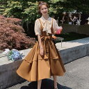 【9/3 20時~ セール対象商品】パフスリーブ ワンピース ロングワンピ 袖あり レイヤード風 切り替え レディース きれいめ カジュアル ミモレ丈 半袖 五分袖 リボン おしゃれ 大人 可愛い フレア ワンピ ドレス フェミニン ブラウン 春 秋 夏 20代 30代 40代 50代