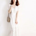 ワンピース ロングワンピ 袖あり レース カットワーク レディース きれいめ カジュアル ミモレ丈 半袖 切り替え おしゃれ 大人 可愛い ワンピ ドレス フェ...