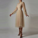 【9/3 20時~ セール対象商品】結婚式 ワンピース チュール 袖あり パフスリーブ ミモレ丈 パーティー おしゃれ レディース 大人 可愛い フェミニン 長袖 ドレス Vネック Aライン レッド 赤 ベージュ ブラック 黒 春 秋 夏 20代 30代 40代 50代