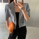 エレガント チェック 千鳥格子 ジャケット アウター 羽織 カーディガン テーラードジャケット レディース きれいめ カジュアル おしゃれ 半袖 クロップド丈 ショート丈 こなれ感 オフィス 通勤 春 夏 秋 20代 30代 40代 50代
