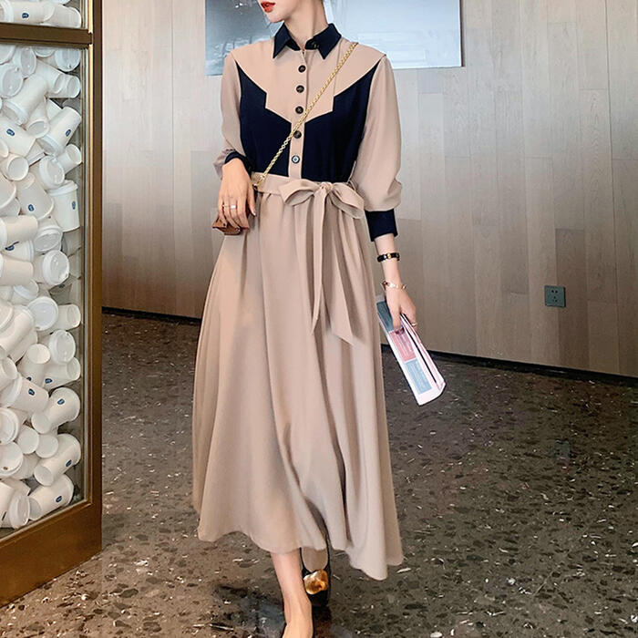 ワンピース ロングワンピ 袖あり 配色 バイカラー レディース きれいめ カジュアル ロング丈 長袖 おしゃれ 大人 可愛い ワンピ ドレス フェミニン ウエストリボン ハイウエスト 切り替え ベージュ 春 秋 冬 20代 30代 40代 50代