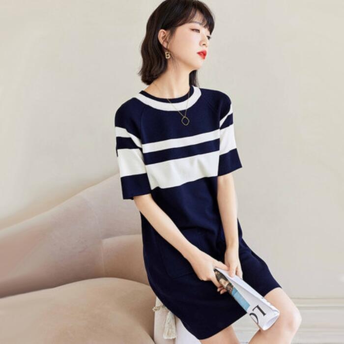 ワンピース ニット ボーダー 袖あり エレガント レディース きれいめ カジュアル ひざ丈 ショート丈 半袖 おしゃれ 大人 可愛い クルーネック 体型カバー Aライン オフィス 大きいサイズ ネイビー 春 秋 夏 20代 30代 40代 50代