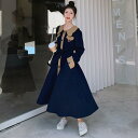 ビッグカラー ワンピース コート ワンピ エレガント 袖あり レディース きれいめ カジュアル ロングワンピ 長袖 バイカラー ミモレ丈 おしゃれ 大人 可愛い ウエストリボン フェミニン 体型カバー ネイビー 春 秋 冬 20代 30代 40代 50代
