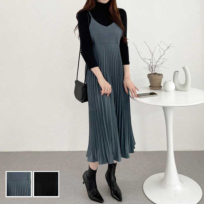 レイヤード ワンピース キャミワンピ ドレス ノースリーブ プリーツ ジャンパースカート レディース きれいめ カジュアル ミモレ丈 おしゃれ 大人 可愛い フ...