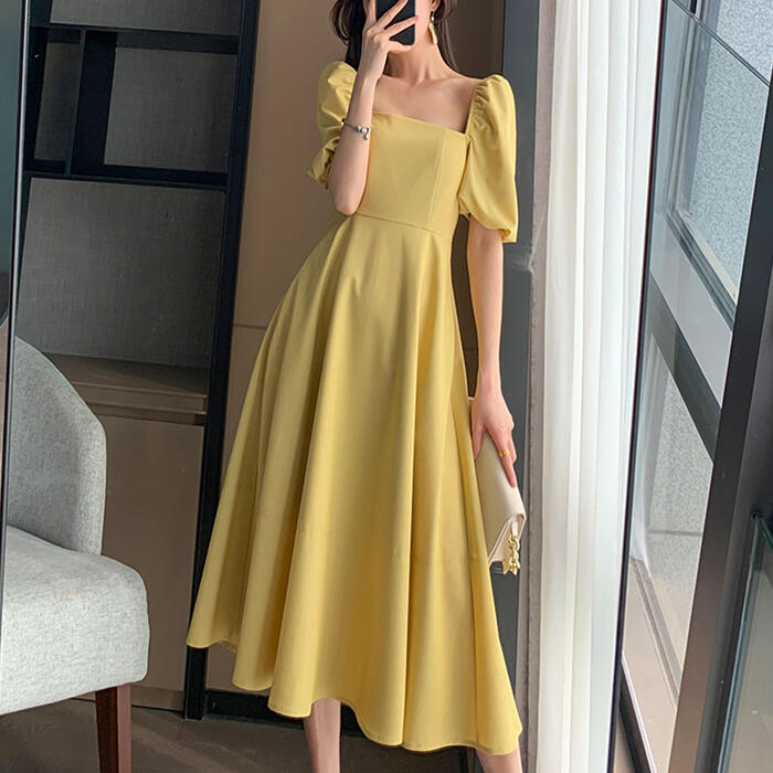 パフスリーブ ワンピース ロングワンピ 袖あり レディース きれいめ カジュアル ミモレ丈 エレガント おしゃれ 大人 可愛い ワンピ ドレス イエロー 春 秋...