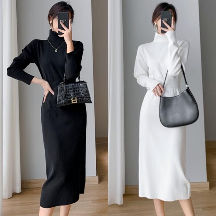 ワンピース 袖あり ニット ワンピ ドレス タートルネック レディース きれいめ カジュアル おしゃれ 長袖 大人 可愛い フェミニン ミモレ丈 切替 ハイウエ...