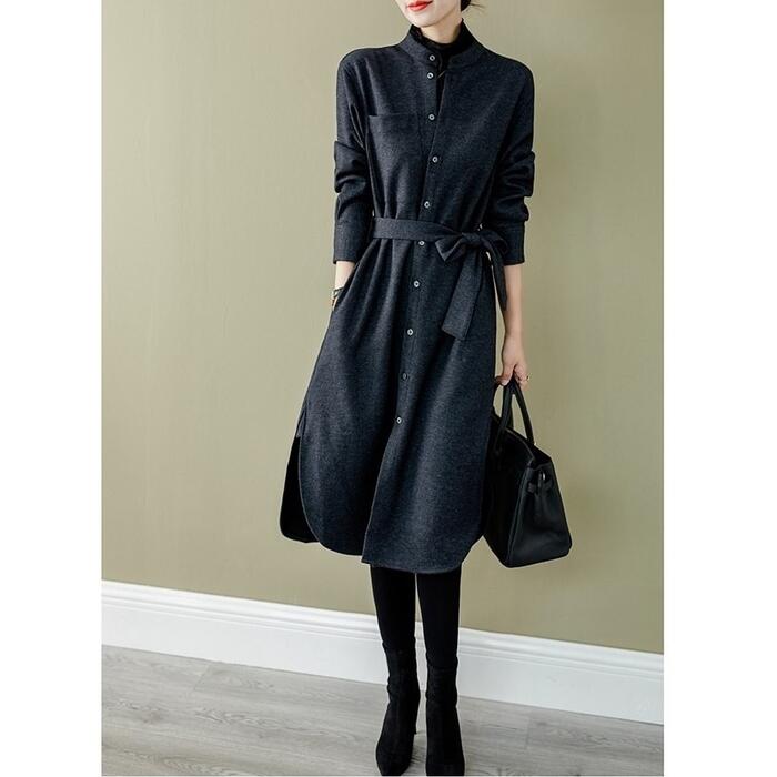 ワンピース 袖あり シャツワンピ きれいめ ミモレ丈 長袖 ワンピ ドレス フェミニン レディース 大人 可愛い カジュアル ウエストリボン 体型カバー シンプル エレガント オフィス 通勤 グレー 春 秋 冬 20代 30代 40代 50代