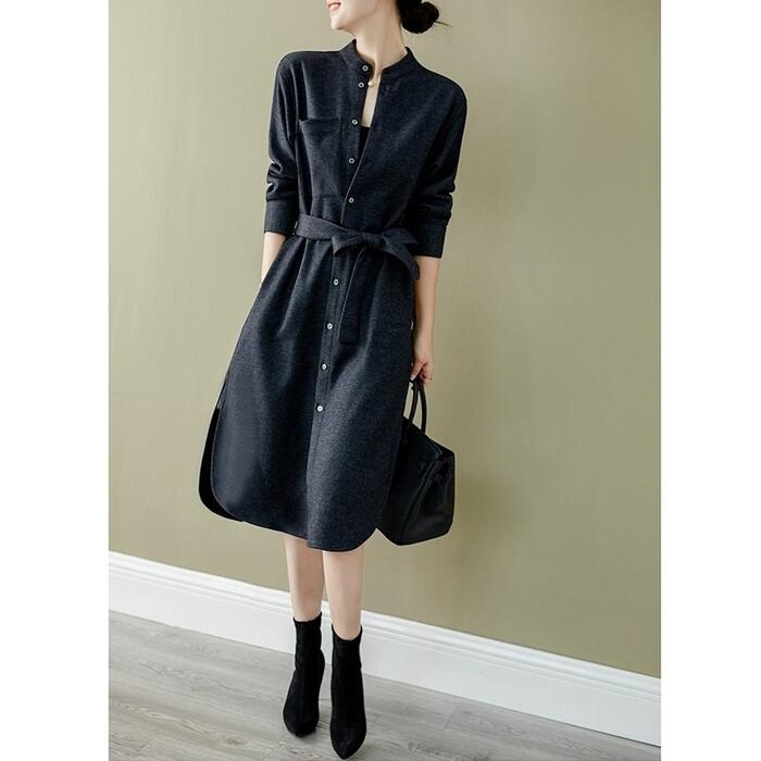 ワンピース 袖あり シャツワンピ きれいめ ミモレ丈 長袖 ワンピ ドレス フェミニン レディース 大人 可愛い カジュアル ウエストリボン 体型カバー シンプル エレガント オフィス 通勤 グレー 春 秋 冬 20代 30代 40代 50代