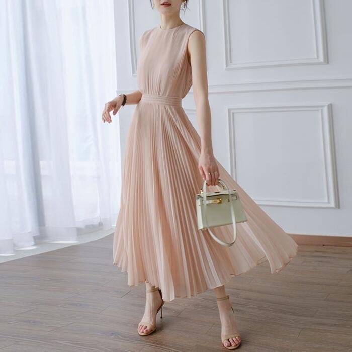 パーティー ドレス ワンピース 春 秋 夏 プリーツ ワンピ レディース きれいめ ロング丈 ノースリーブ 大人 可愛い ハイウエスト 切替 お呼ばれ ピンク ...