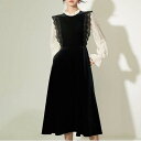 ワンピース ワンピ ドレス 袖あり ベロア レース 切替 エレガント レディース きれいめ カジュアル レイヤード風 おしゃれ 長袖 大人 可愛い 透け感 体型...