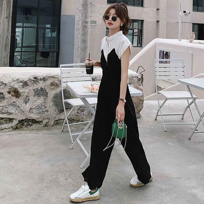 オールインワン サロペット レイヤード風 ワンピース パンツ レディース きれいめ カジュアル 半袖 おしゃれ 大人 可愛い フェミニン 切替 アシンメトリー ゆったり 体型カバー 韓国 ブラック 黒 春 秋 夏 20代 30代 40代 50代