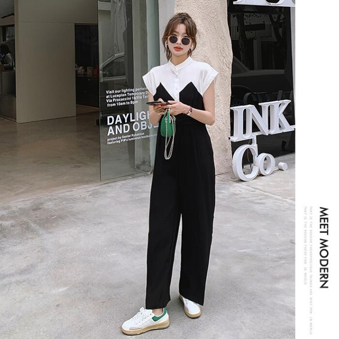 オールインワン サロペット レイヤード風 ワンピース パンツ レディース きれいめ カジュアル 半袖 おしゃれ 大人 可愛い フェミニン 切替 アシンメトリー ゆったり 体型カバー 韓国 ブラック 黒 春 秋 夏 20代 30代 40代 50代