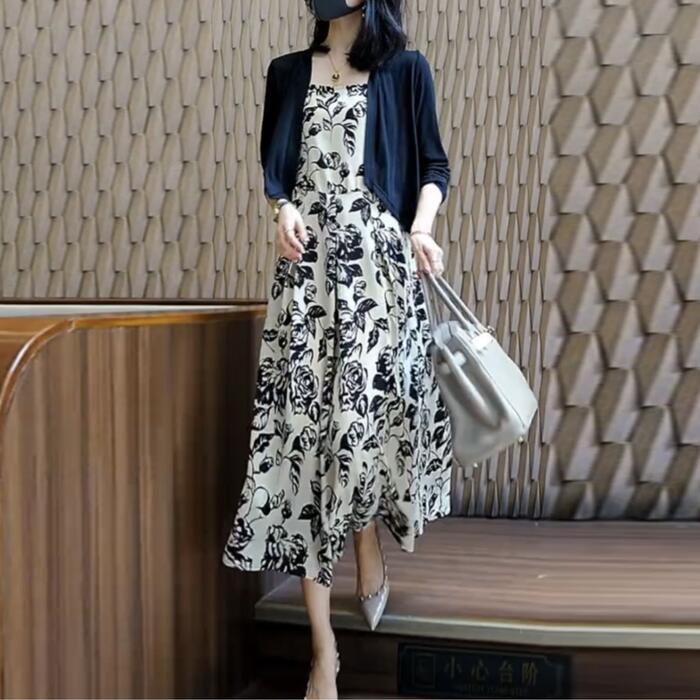 セットアップ 2点セット ワンピース カーディガン 羽織り キャミワンピ エレガント きれいめ カジュアル 長袖 ミモレ丈 おしゃれ 大人 可愛い プリント 花...