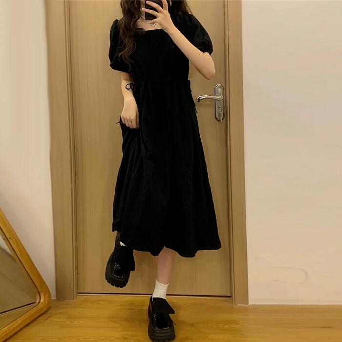 パフスリーブ ワンピース ドレス 袖あり ドロスト エレガント レディース きれいめ カジュアル おしゃれ 半袖 大人 可愛い フェミニン ミモレ丈 フレア Aライン ゆったり 体型カバー ハイウエスト ブラック 黒 春 秋 夏 20代 30代 40代 50代