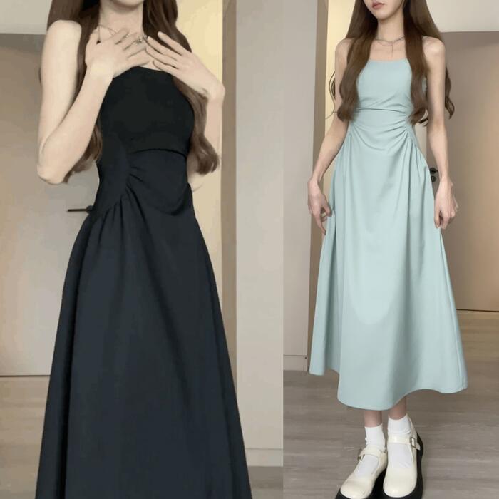ワンピース ドレス キャミワンピ エレガント レディース きれいめ カジュアル おしゃれ ノースリーブ 大人 可愛い フェミニン ロング丈 フレア Aライン ゆったり 体型カバー シンプル ブルー 青 ブラック 黒 春 秋 夏 20代 30代 40代 50代