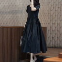 ティアード ワンピース ドレス 袖あり レディース きれいめ カジュアル ミモレ丈 半袖 大人 可愛い 切り替え フレア シンプル フェミニン ゆったり リラックス Aライン 体型カバー 韓国 ブラック 黒 春 夏 秋 20代 30代 40代 50代
