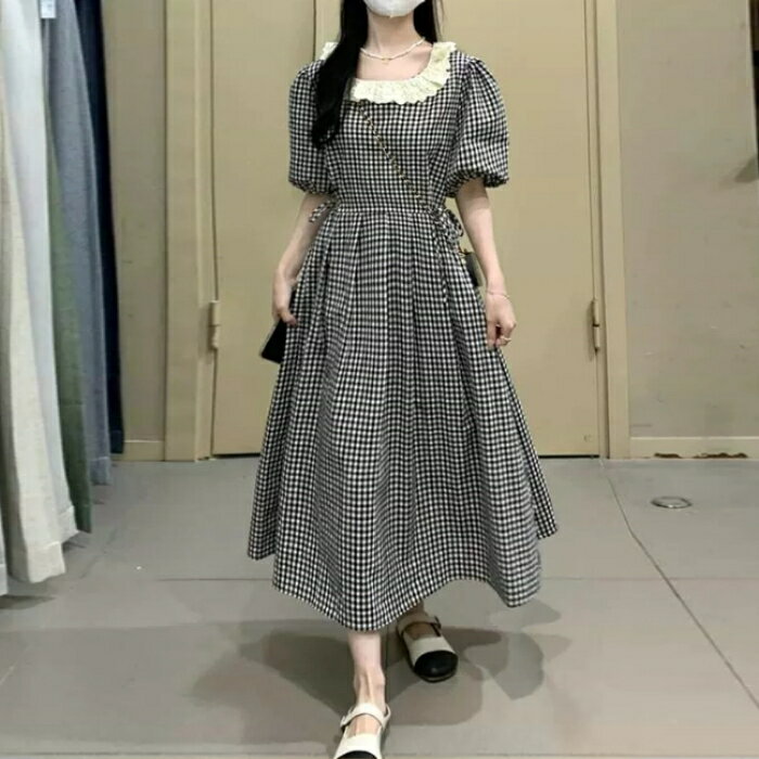 パフスリーブ ワンピース ドレス 袖あり ギンガムチェック レディース きれいめ カジュアル レースカラー ミモレ丈 半袖 五分袖 大人 可愛い リラックス 韓...