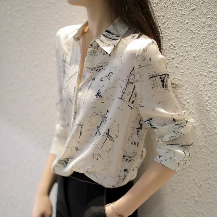 トップス ブラウス シャツ プリント 絵画 レディース エレガント きれいめ カジュアル 長袖 大人 可愛い フェミニン 上品 通勤 オフィス かっこいい シフ...