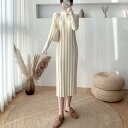 ニット ワンピース リブ 袖あり レディース モックネック きれいめ カジュアル ミモレ丈 ハイネック 大人 可愛い シンプル スリム スレンダー 体型カバー 韓国 ピンク ベージュ ブラック 黒 春 秋 冬 20代 30代 40代 50代