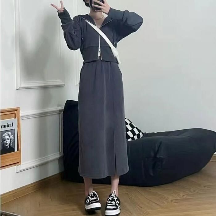 セットアップ 2点セット トップス スウェット スカート パーカー フーディー 長袖 タイト ショート丈 おしゃれ 大人 可愛い カジュアル ロング丈 きれいめ 体型カバー クロップド丈 楽ちん シンプル 韓国 グレー 春 秋 冬 20代 30代 40代 50代