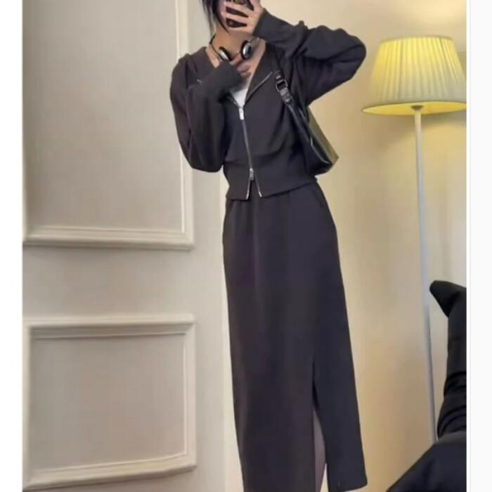 セットアップ 2点セット トップス スウェット スカート パーカー フーディー 長袖 タイト ショート丈 おしゃれ 大人 可愛い カジュアル ロング丈 きれいめ 体型カバー クロップド丈 楽ちん シンプル 韓国 グレー 春 秋 冬 20代 30代 40代 50代