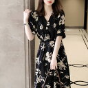 ワンピース ドレス ワンピ 花柄 フラワー 袖あり レディース エレガント きれいめ カジュアル ミモレ丈 半袖 大人 可愛い フェミニン ハイウエスト Aライ...