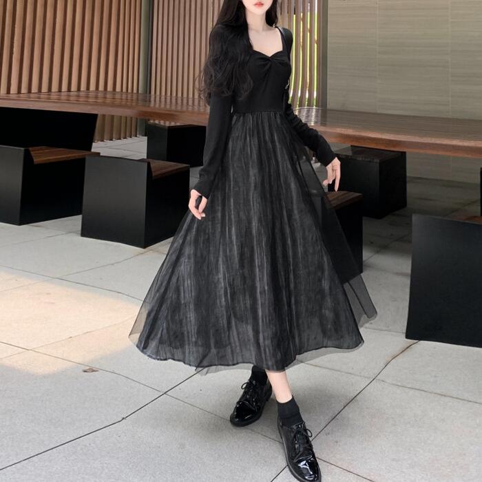 結婚式 ワンピース ドレス 袖あり レディース エレガント きれいめ カジュアル ミモレ丈 長袖 大人 可愛い フェミニン Aライン 切り替え ハイウエスト チ...