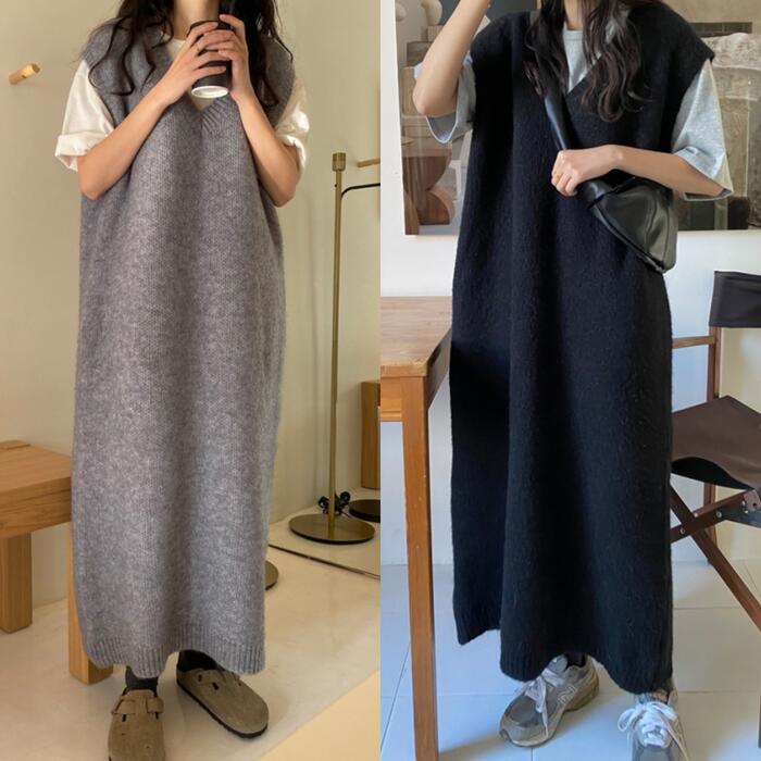 ワンピース ニット ドレス ワンピ ベスト レディース きれいめ カジュアル ミモレ丈 ノースリーブ 大人 可愛い フェミニン レイヤード 体型カバー ゆったり 楽ちん シンプル ナチュラル グレー ブラック 黒 春 秋 冬 20代 30代 40代 50代
