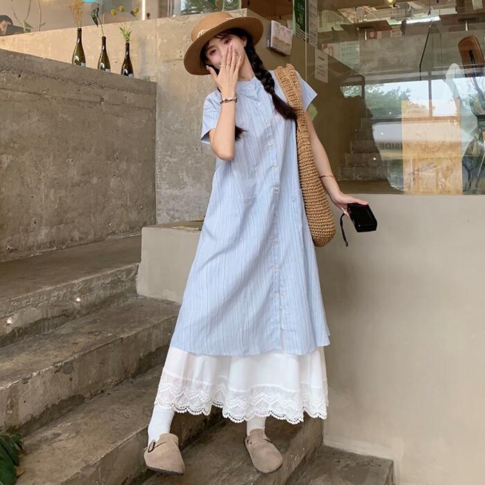 ワンピース ワンピ ドレス シャツワンピ ストライプ レディース エレガント きれいめ カジュアル 半袖 大人 可愛い フェミニン Aライン ミモレ丈 ゆったり シンプル レイヤード 体型カバー リラックス 青 ブルー 春 秋 夏 20代 30代 40代 50代