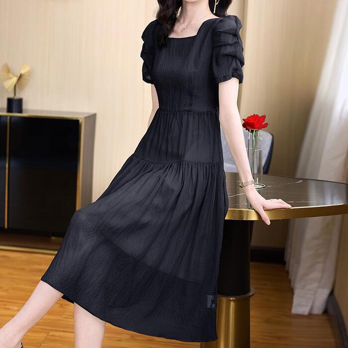 ティアード ワンピース ワンピ ドレス 袖あり 袖コンシャス レディース エレガント きれいめ カジュアル 半袖 大人 可愛い Aライン ミモレ丈 シアー 透け感 ウエストリボン ブルー 青 ベージュ ブラック 黒 春 秋 夏 20代 30代 40代 50代