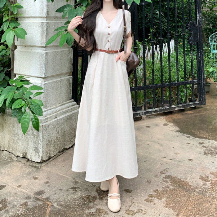 ワンピース ワンピ ドレス シャツワンピ 袖あり レディース エレガント きれいめ カジュアル 大人 可愛い フェミニン Aライン ロング丈 ウエストベルト シンプル ナチュラル Vネック ブルー 青 ベージュ 春 秋 夏 20代 30代 40代 50代