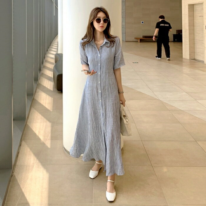 ワンピース ワンピ ドレス シャツワンピ ストライプ 袖あり レディース エレガント きれいめ カジュアル 半袖 大人 可愛い フェミニン ロング丈 Aライン フレア リボン シンプル ゆったり 体型カバー 春 秋 夏 20代 30代 40代 50代