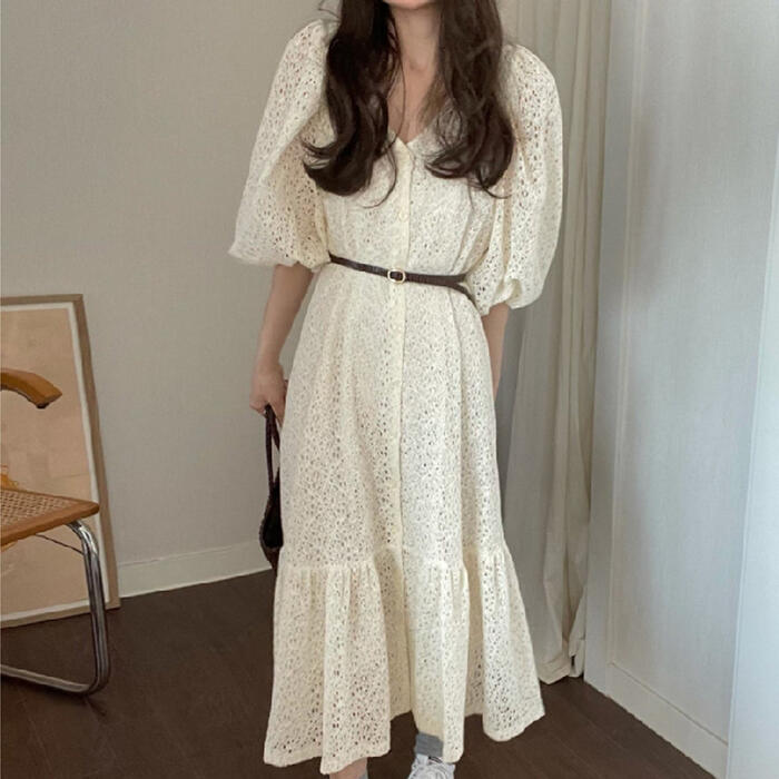 パフスリーブ ワンピース ワンピ ドレス レース 袖あり レディース エレガント きれいめ カジュアル 七分袖 大人 可愛い フェミニン ミモレ丈 Aライン Vネック シンプル 体型カバー 透け感 ベージュ ブラック 黒 春 秋 夏 20代 30代 40代 50代