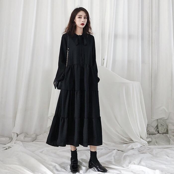 ティアード ワンピース ワンピ ドレス ボウタイ リボン 袖あり レディース エレガント きれいめ カジュアル 長袖 大人 可愛い フェミニン ミモレ丈 シンプル Aライン ゆったり ブラック 黒 春 秋 冬 20代 30代 40代 50代