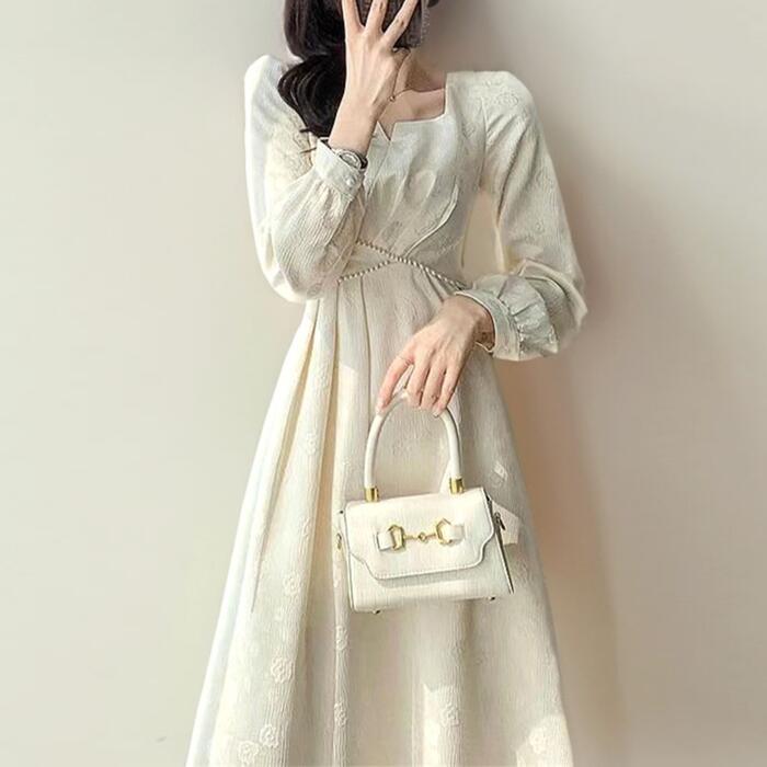 ワンピース ワンピ ドレス 袖あり パール 花柄 フラワー レディース エレガント きれいめ カジュアル 長袖 大人 可愛い フェミニン ミモレ丈 スクエアネック オケージョン フォーマル ベージュ ブラック 黒 春 秋 冬 20代 30代 40代 50代