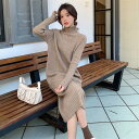ワンピース ニット ワンピ ドレス 袖あり タートルネック ハイネック リブ レディース エレガント きれいめ カジュアル 長袖 大人 可愛い ミモレ丈 ゆったり ベーシック ブラウン ブラック 黒 春 秋 冬 20代 30代 40代 50代